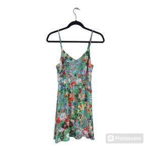 Women's Bright Green Floral Mini Dress Sleeveless Corset Lace Up back Size M (8)